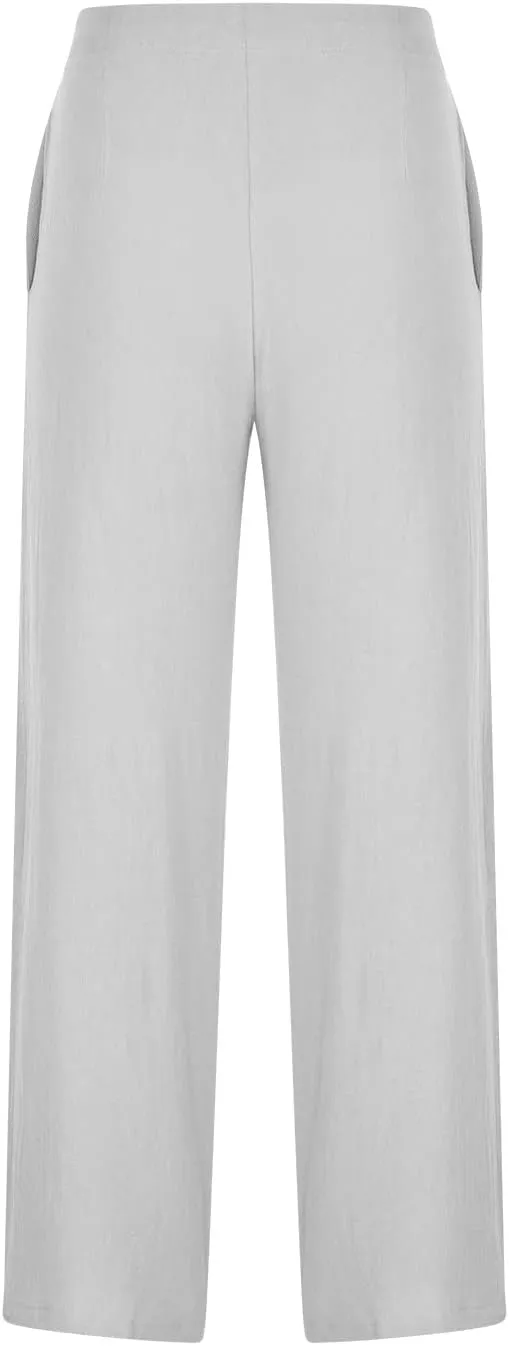 Womens Cotton Linen Pants 2024 Trendy Buttoned Wide Leg High Waist Trousers Flowy Lounge Travel Outfits with Pockets