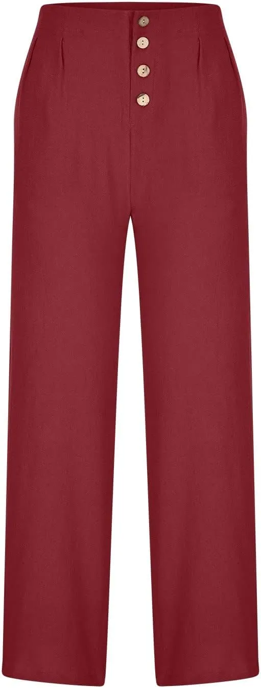 Womens Cotton Linen Pants 2024 Trendy Buttoned Wide Leg High Waist Trousers Flowy Lounge Travel Outfits with Pockets