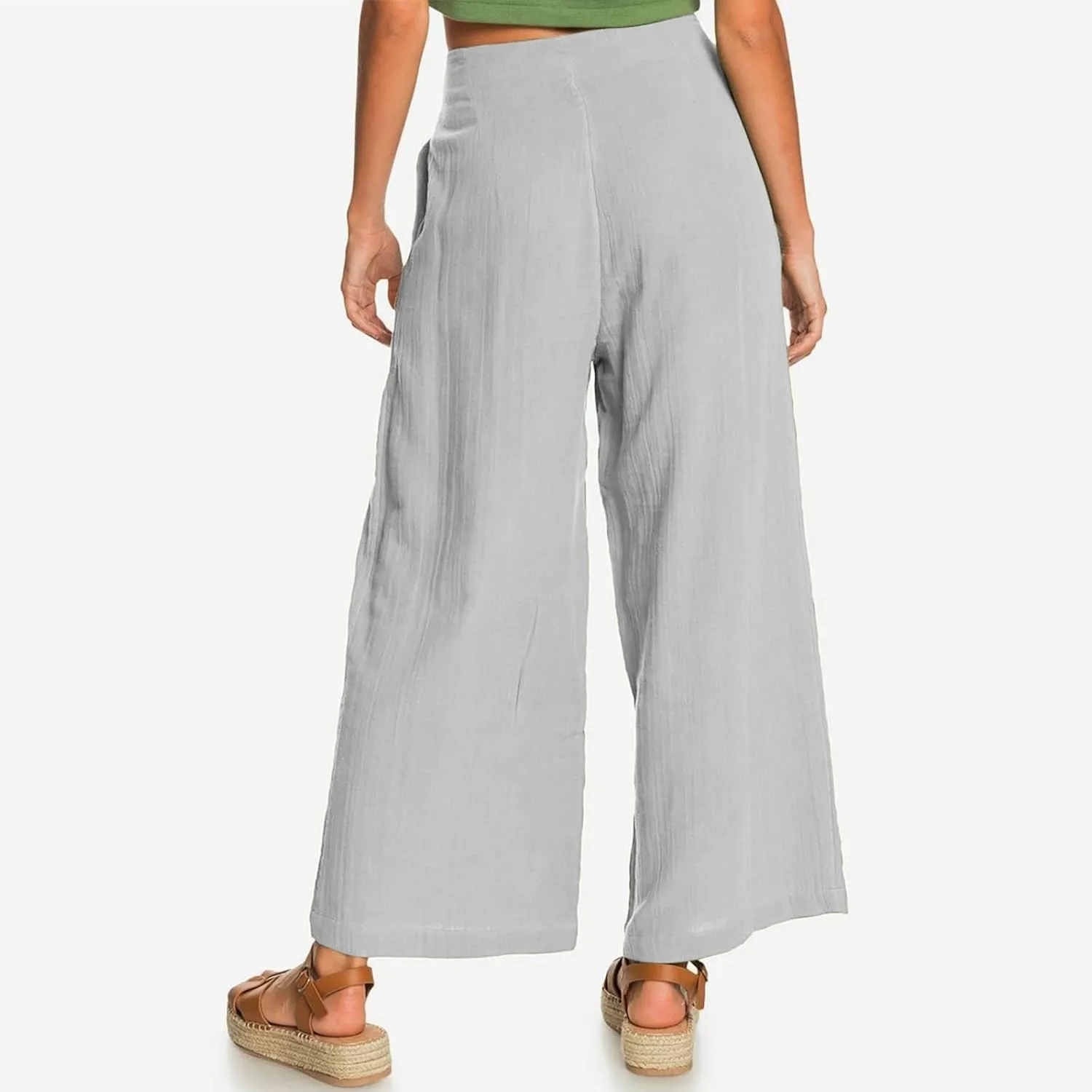 Womens Cotton Linen Pants 2024 Trendy Buttoned Wide Leg High Waist Trousers Flowy Lounge Travel Outfits with Pockets