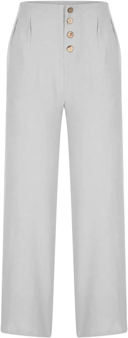 Womens Cotton Linen Pants 2024 Trendy Buttoned Wide Leg High Waist Trousers Flowy Lounge Travel Outfits with Pockets