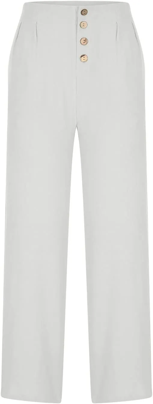 Womens Cotton Linen Pants 2024 Trendy Buttoned Wide Leg High Waist Trousers Flowy Lounge Travel Outfits with Pockets