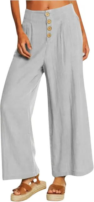 Womens Cotton Linen Pants 2024 Trendy Buttoned Wide Leg High Waist Trousers Flowy Lounge Travel Outfits with Pockets