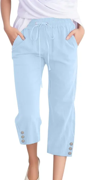 Womens Cotton Linen Pants 2025 Summer Floral Print Casual Drawstring High Waist Capri Yoga Trousers with Pockets