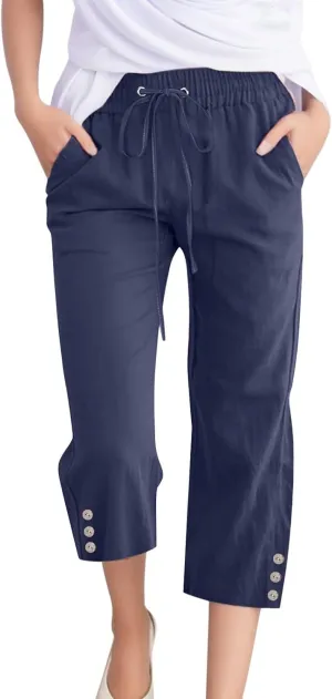 Womens Cotton Linen Pants 2025 Summer Floral Print Casual Drawstring High Waist Capri Yoga Trousers with Pockets