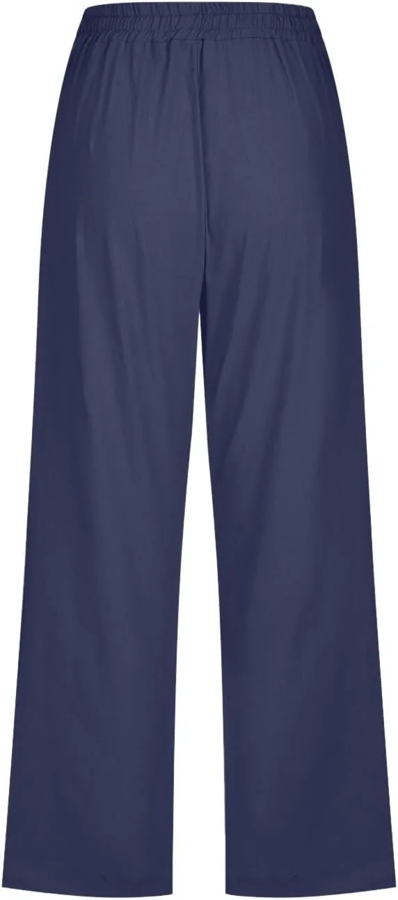 Womens Cotton Linen Pants 2025 Summer Floral Print Casual Drawstring High Waist Capri Yoga Trousers with Pockets