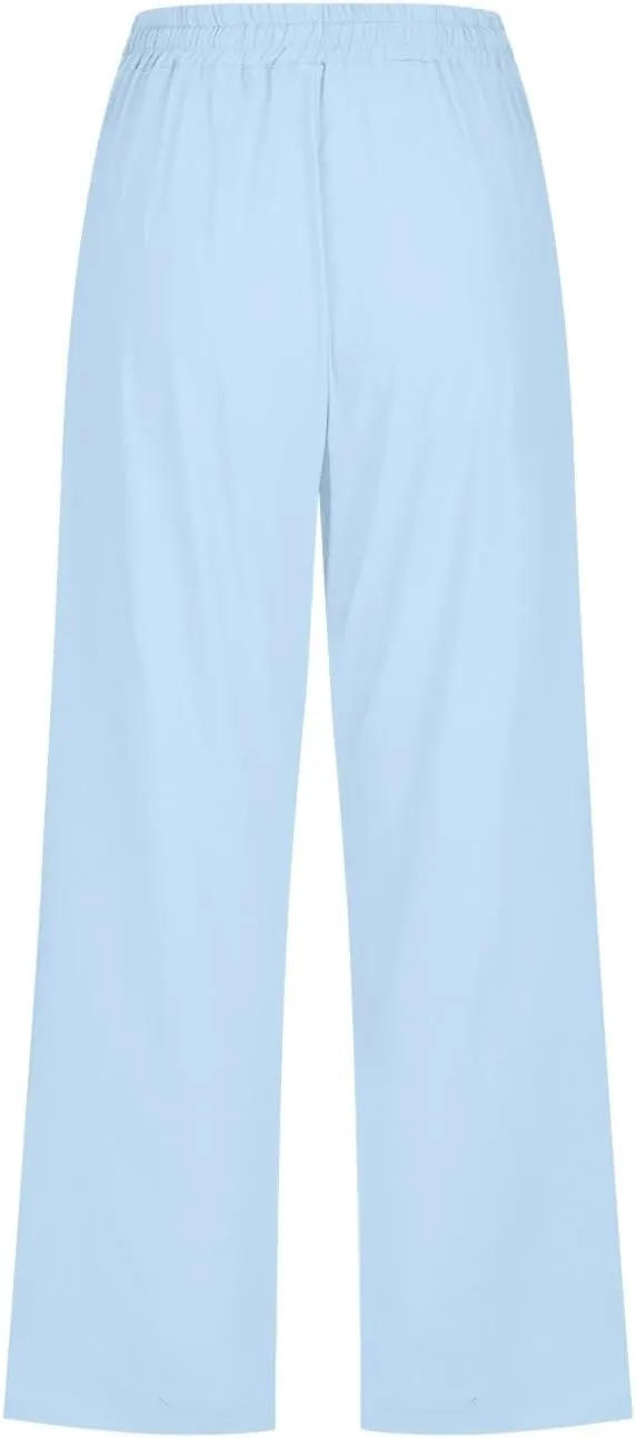 Womens Cotton Linen Pants 2025 Summer Floral Print Casual Drawstring High Waist Capri Yoga Trousers with Pockets
