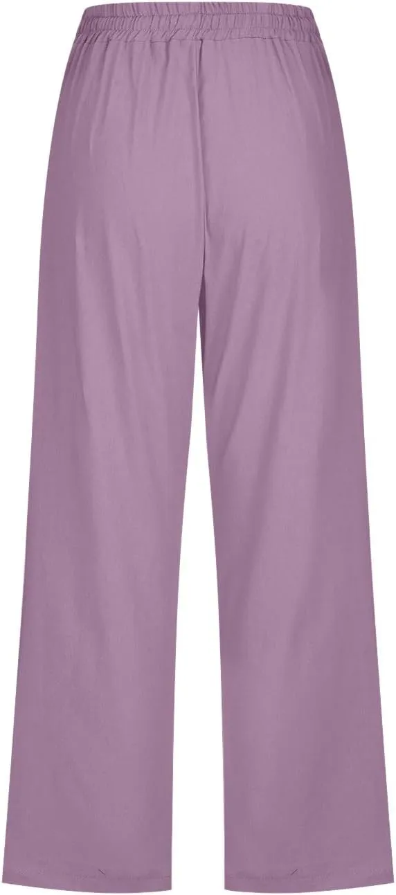 Womens Cotton Linen Pants 2025 Summer Floral Print Casual Drawstring High Waist Capri Yoga Trousers with Pockets