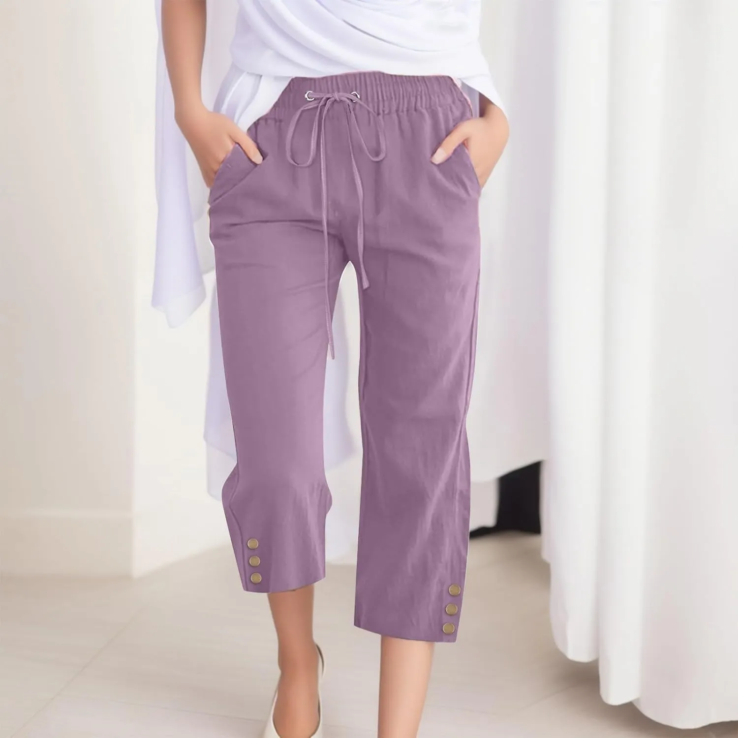 Womens Cotton Linen Pants 2025 Summer Floral Print Casual Drawstring High Waist Capri Yoga Trousers with Pockets