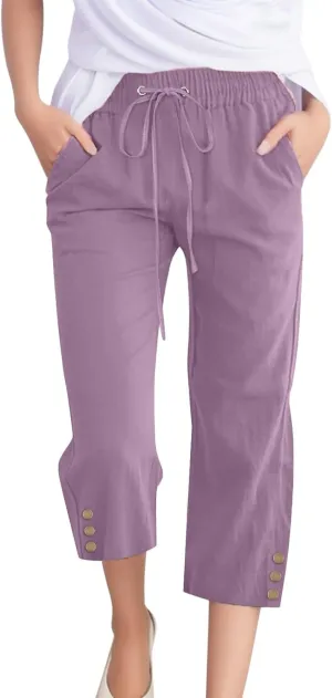Womens Cotton Linen Pants 2025 Summer Floral Print Casual Drawstring High Waist Capri Yoga Trousers with Pockets