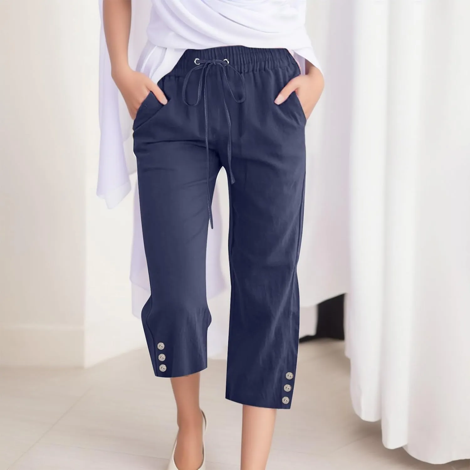 Womens Cotton Linen Pants 2025 Summer Floral Print Casual Drawstring High Waist Capri Yoga Trousers with Pockets