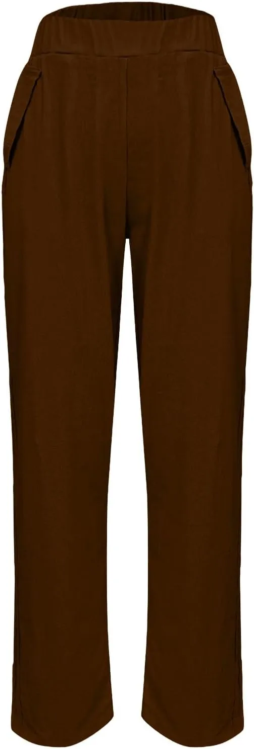 Womens Cotton Linen Pants Casual Elastic High Waist Straight Leg Pants Summer Loose Fit Trouser with Pockets