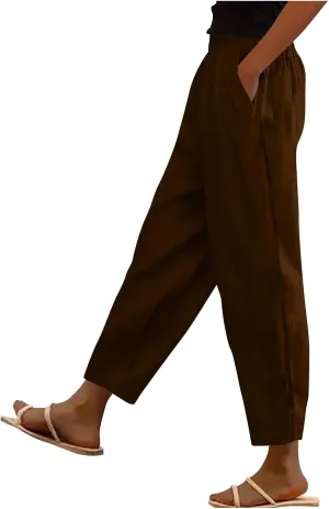 Womens Cotton Linen Pants Casual Elastic High Waist Straight Leg Pants Summer Loose Fit Trouser with Pockets