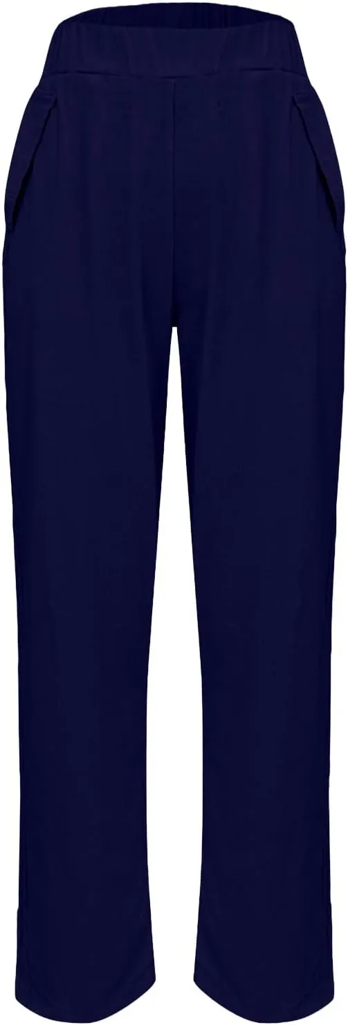 Womens Cotton Linen Pants Casual Elastic High Waist Straight Leg Pants Summer Loose Fit Trouser with Pockets