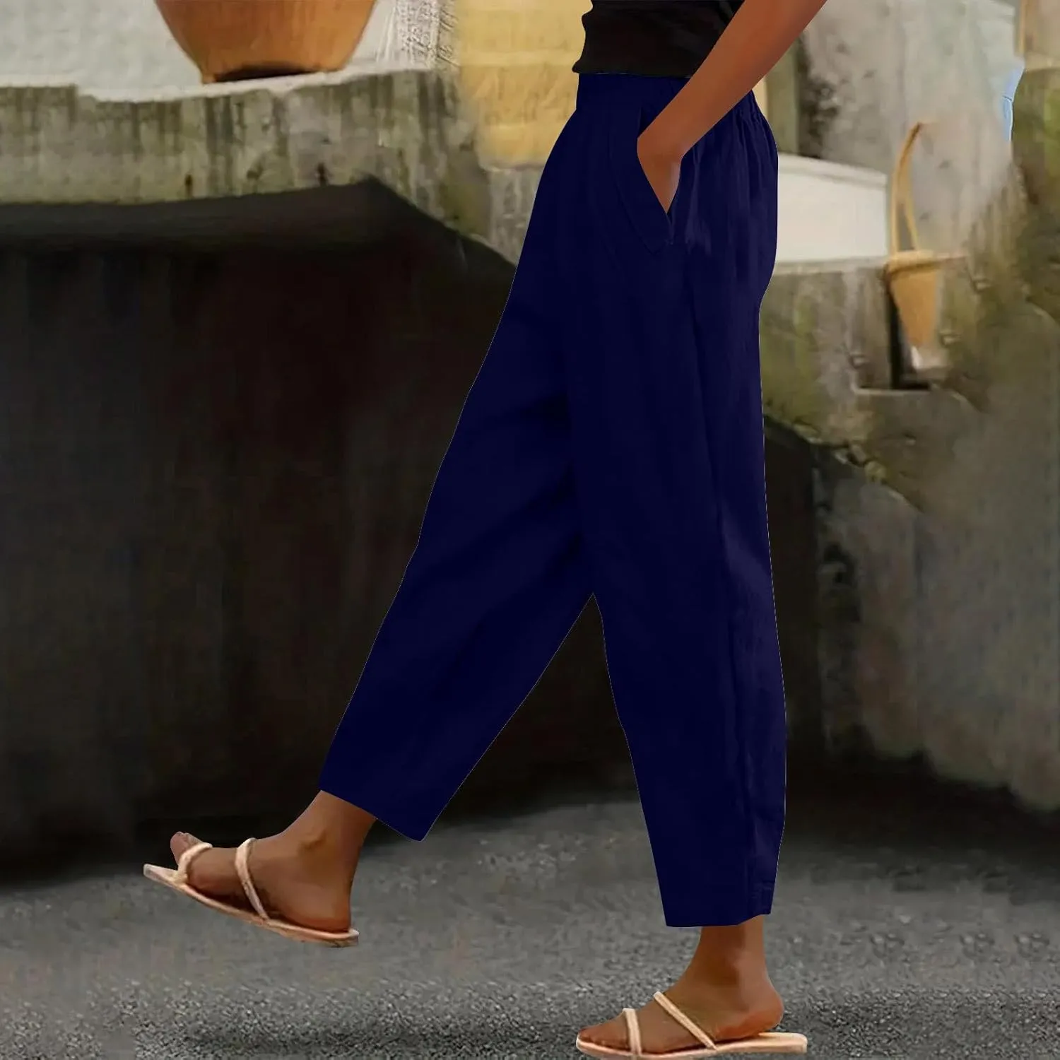 Womens Cotton Linen Pants Casual Elastic High Waist Straight Leg Pants Summer Loose Fit Trouser with Pockets