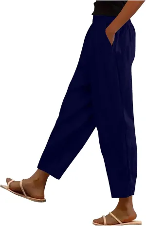 Womens Cotton Linen Pants Casual Elastic High Waist Straight Leg Pants Summer Loose Fit Trouser with Pockets