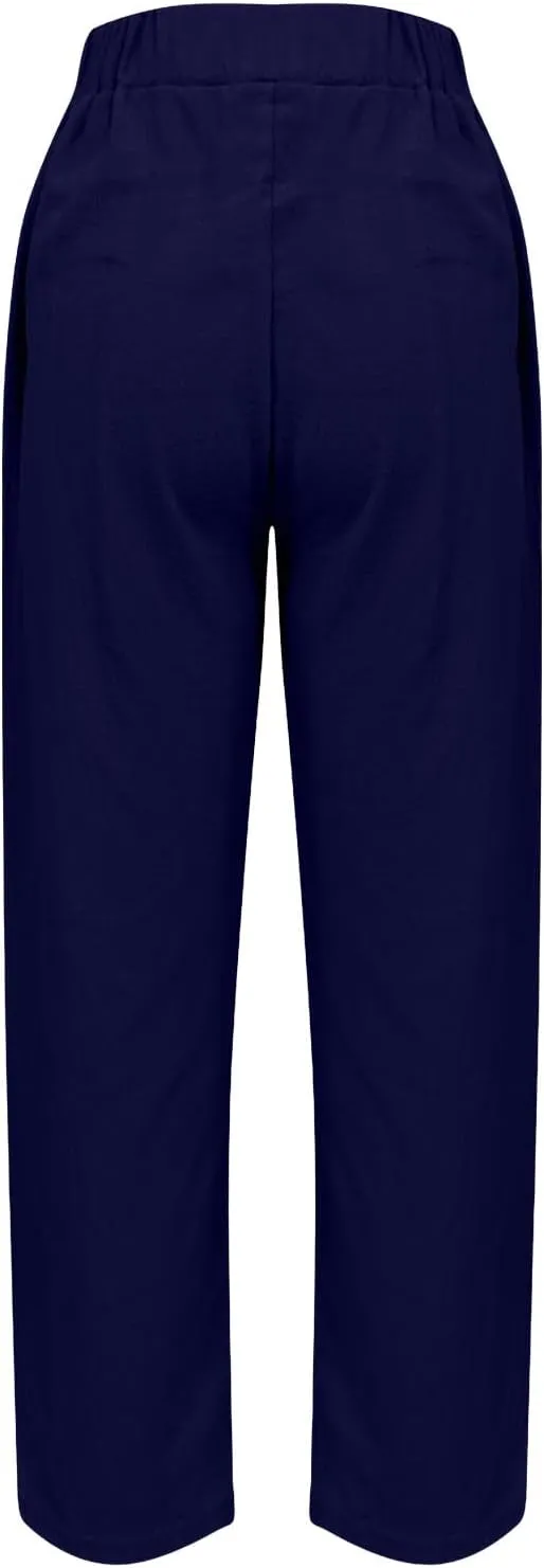 Womens Cotton Linen Pants Casual Elastic High Waist Straight Leg Pants Summer Loose Fit Trouser with Pockets