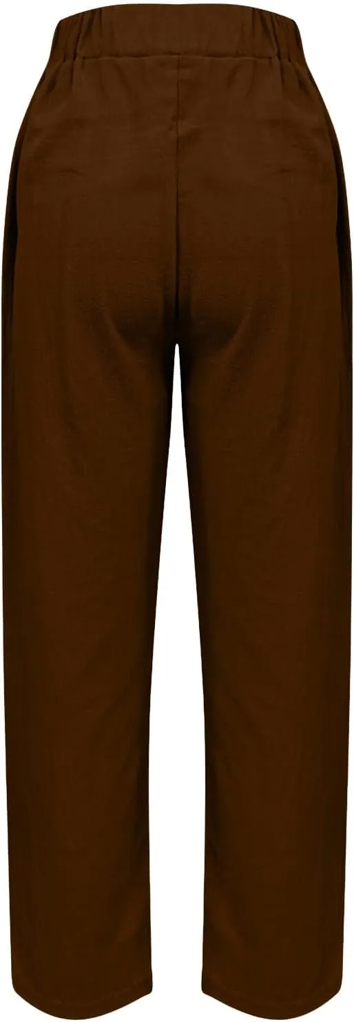 Womens Cotton Linen Pants Casual Elastic High Waist Straight Leg Pants Summer Loose Fit Trouser with Pockets