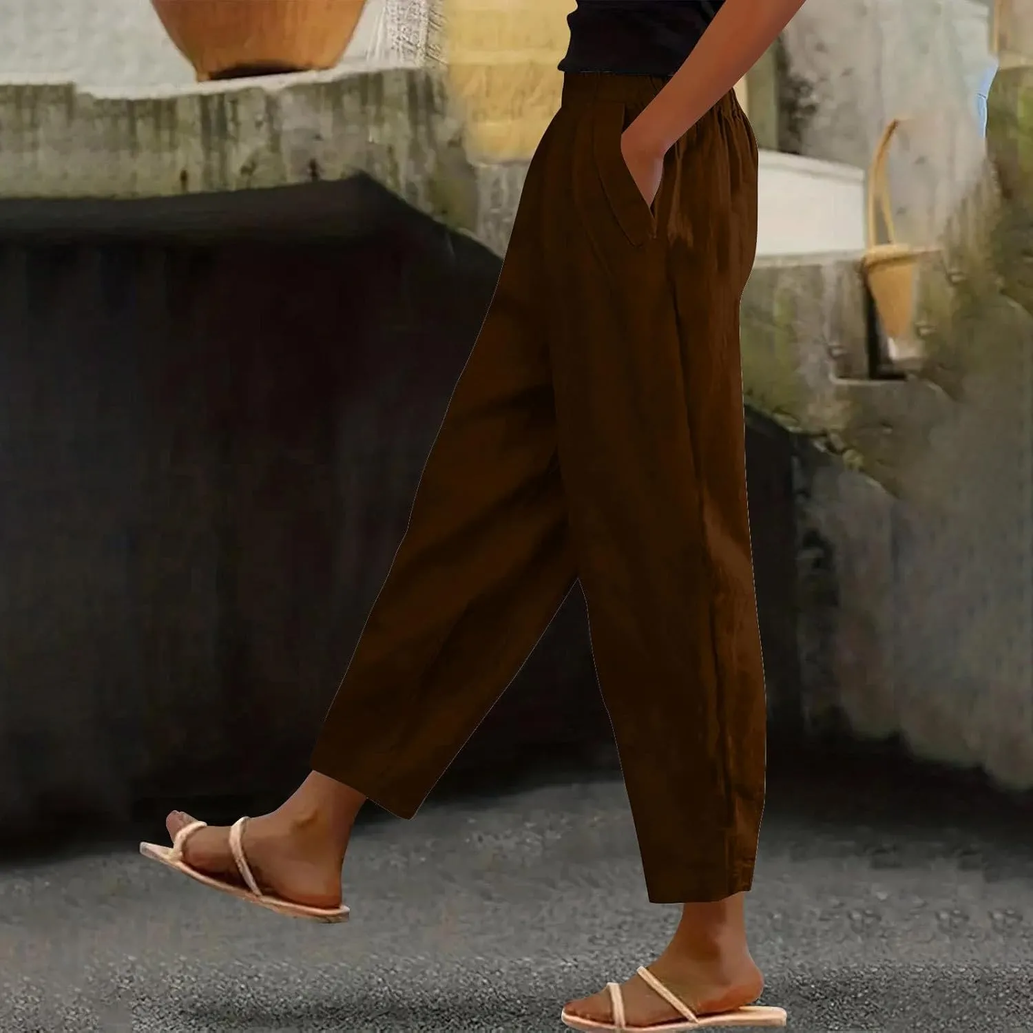 Womens Cotton Linen Pants Casual Elastic High Waist Straight Leg Pants Summer Loose Fit Trouser with Pockets
