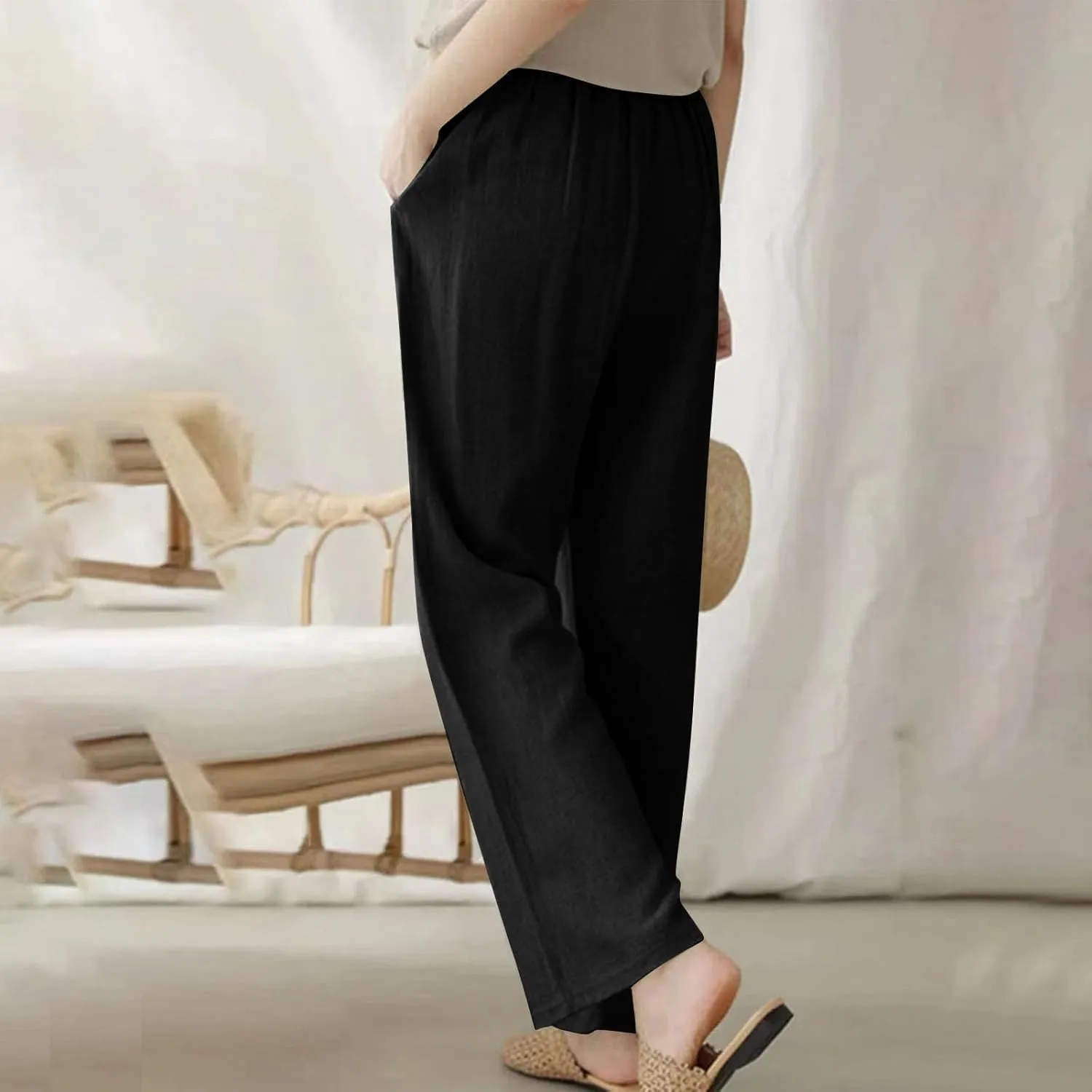 Women's Cotton Linen Pants Drawstring Waist Wide Leg Lightweight Casual Palazzo Trousers Summer Beach Pants