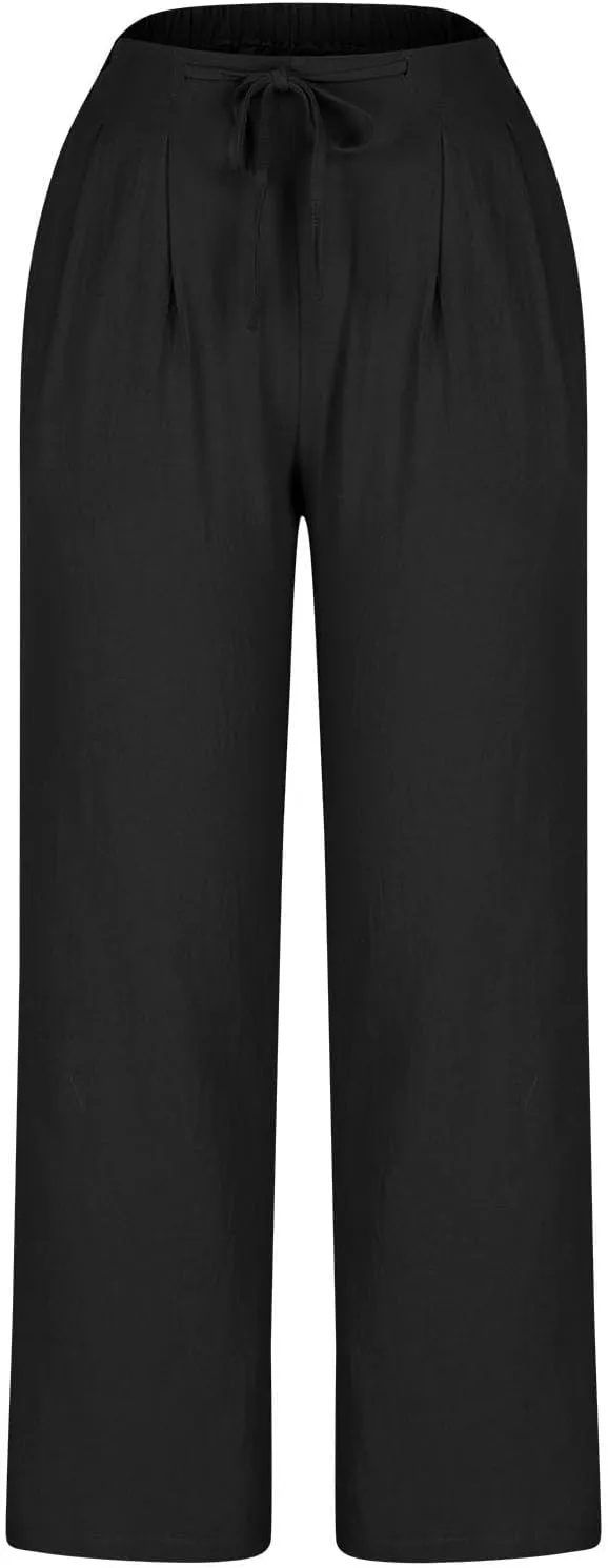 Women's Cotton Linen Pants Drawstring Waist Wide Leg Lightweight Casual Palazzo Trousers Summer Beach Pants