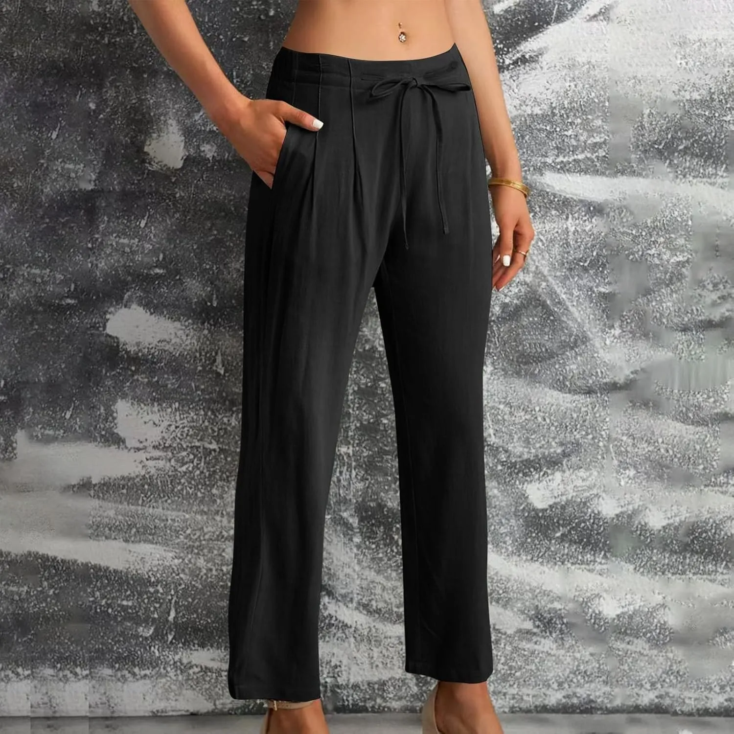 Women's Cotton Linen Pants Drawstring Waist Wide Leg Lightweight Casual Palazzo Trousers Summer Beach Pants