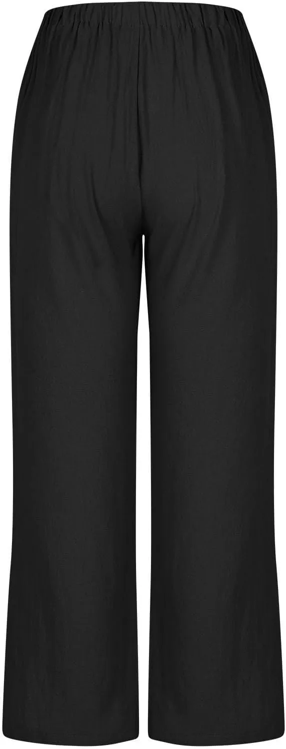 Women's Cotton Linen Pants Drawstring Waist Wide Leg Lightweight Casual Palazzo Trousers Summer Beach Pants