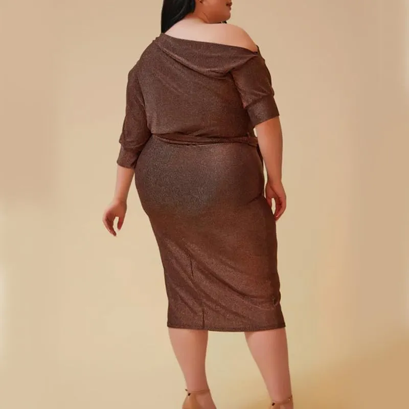 Women's Daredevil Off The Shoulder Midi Glitter Dress with Matching Belt in Black/Rose Gold