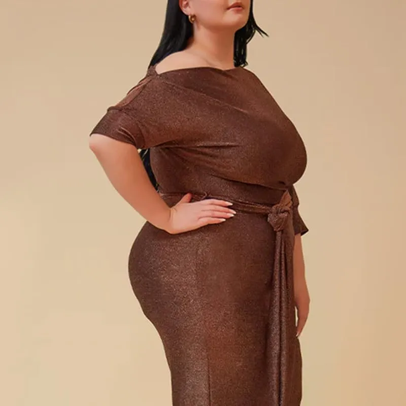 Women's Daredevil Off The Shoulder Midi Glitter Dress with Matching Belt in Black/Rose Gold