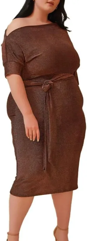 Women's Daredevil Off The Shoulder Midi Glitter Dress with Matching Belt in Black/Rose Gold