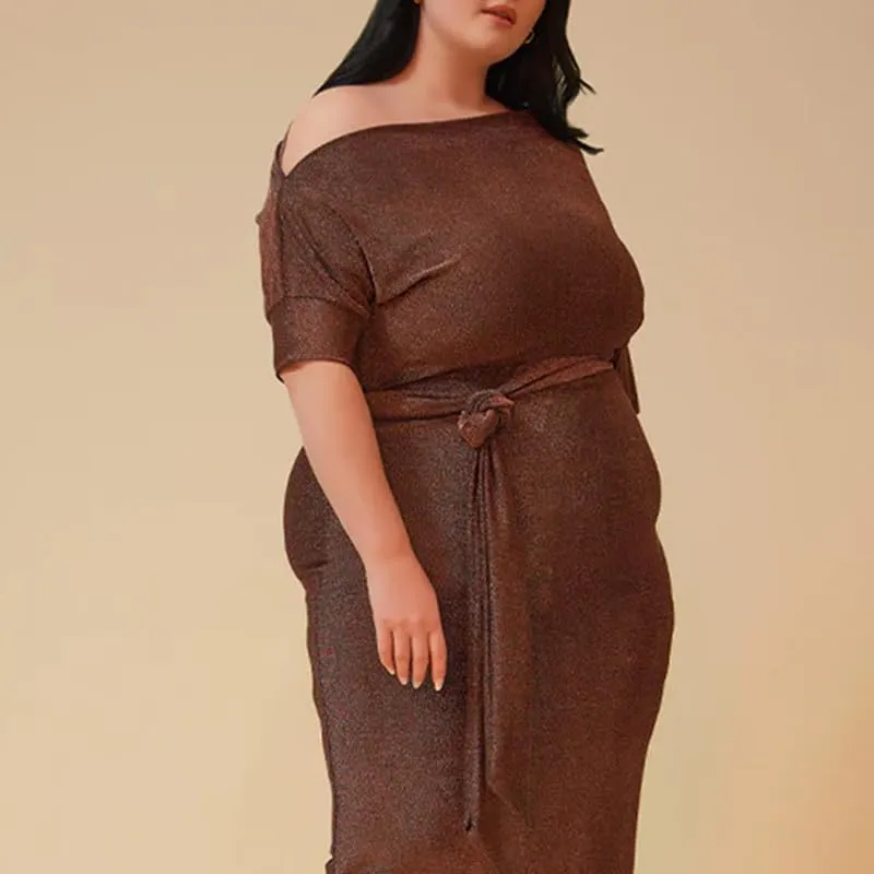 Women's Daredevil Off The Shoulder Midi Glitter Dress with Matching Belt in Black/Rose Gold