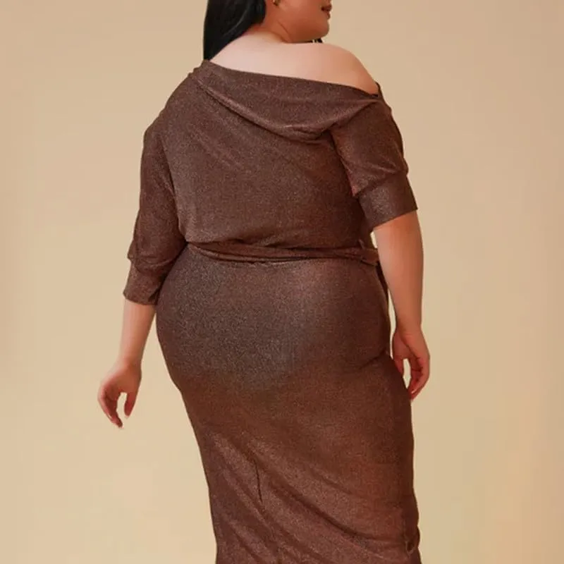 Women's Daredevil Off The Shoulder Midi Glitter Dress with Matching Belt in Black/Rose Gold
