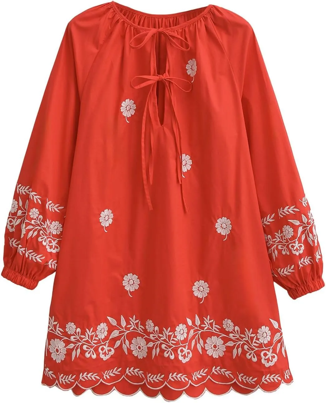 Womens Embroidered Long Sleeve Mini Dress Loose Fit Vintage Embroidery Dress with Double Neckline Self Tie