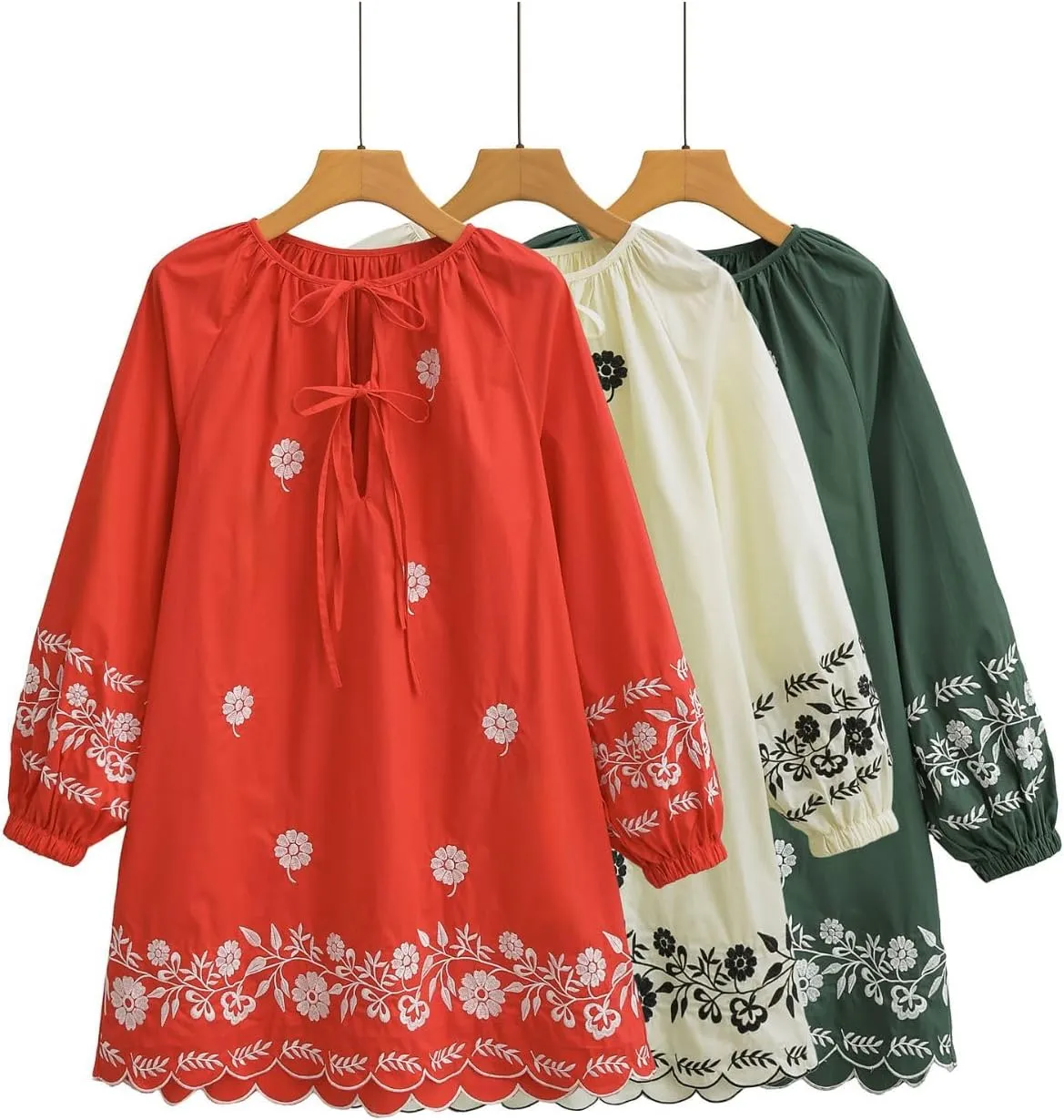Womens Embroidered Long Sleeve Mini Dress Loose Fit Vintage Embroidery Dress with Double Neckline Self Tie