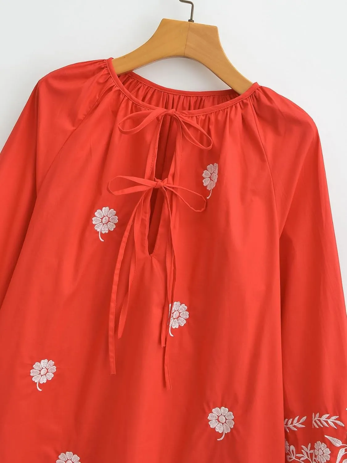 Womens Embroidered Long Sleeve Mini Dress Loose Fit Vintage Embroidery Dress with Double Neckline Self Tie