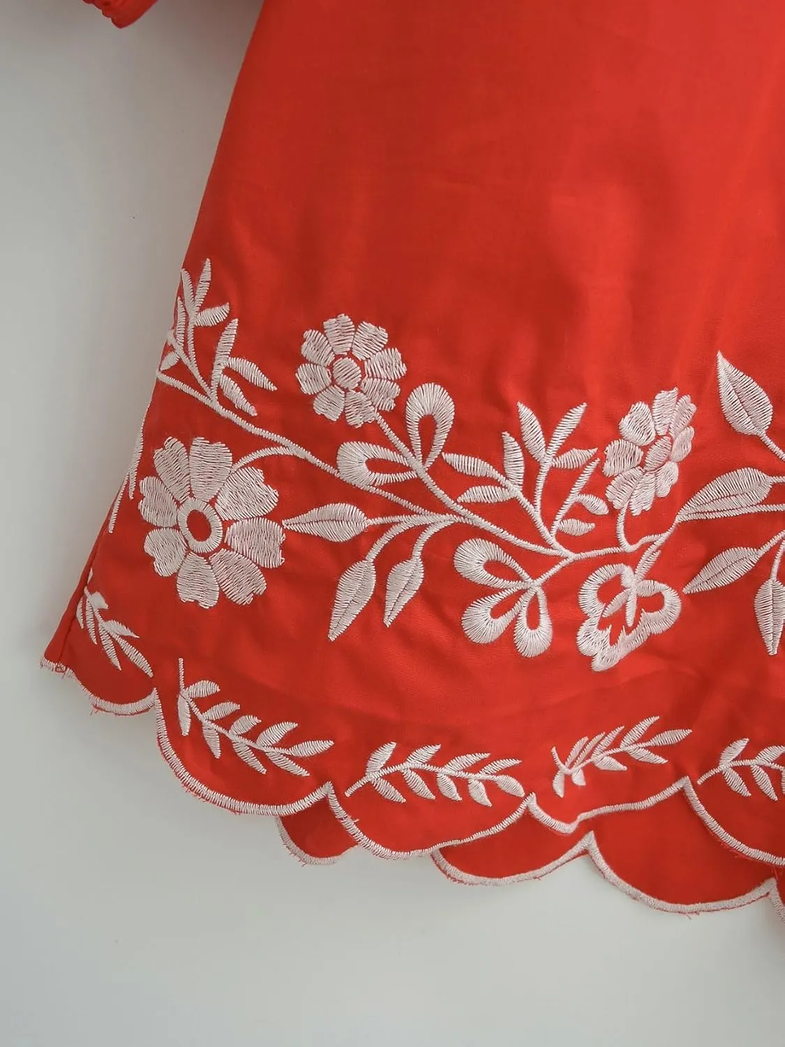 Womens Embroidered Long Sleeve Mini Dress Loose Fit Vintage Embroidery Dress with Double Neckline Self Tie