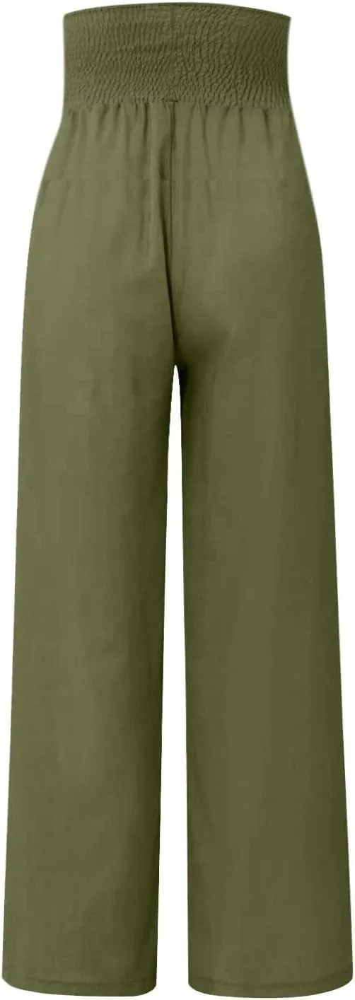 Women's Fashion High Waist Casual Bow Tie Pants Casual Palazzo Long Trousers Summer Beach Linen Pant with Pocket