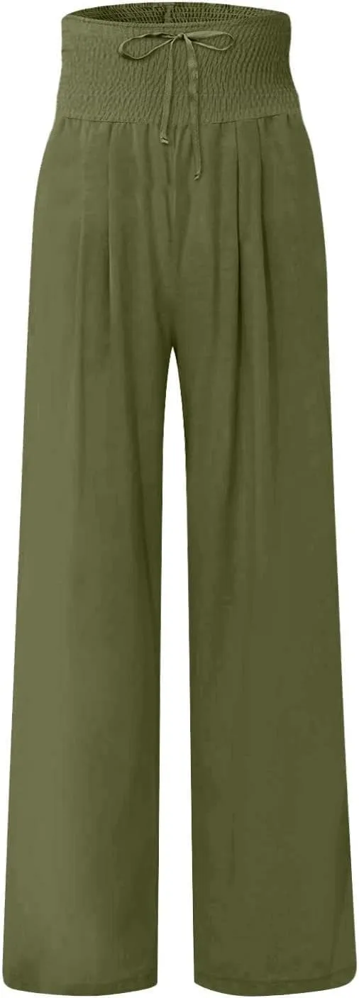Women's Fashion High Waist Casual Bow Tie Pants Casual Palazzo Long Trousers Summer Beach Linen Pant with Pocket