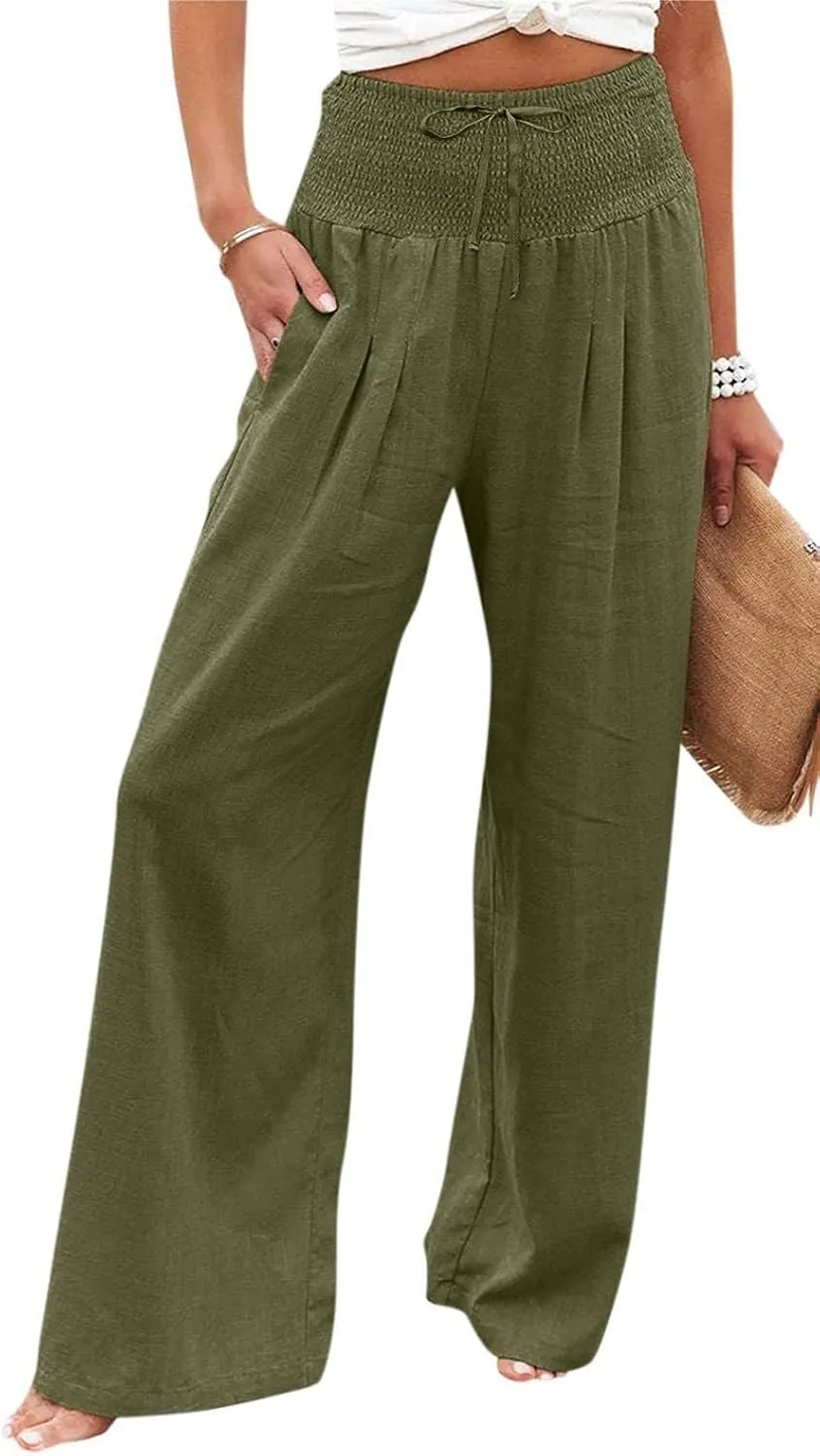 Women's Fashion High Waist Casual Bow Tie Pants Casual Palazzo Long Trousers Summer Beach Linen Pant with Pocket