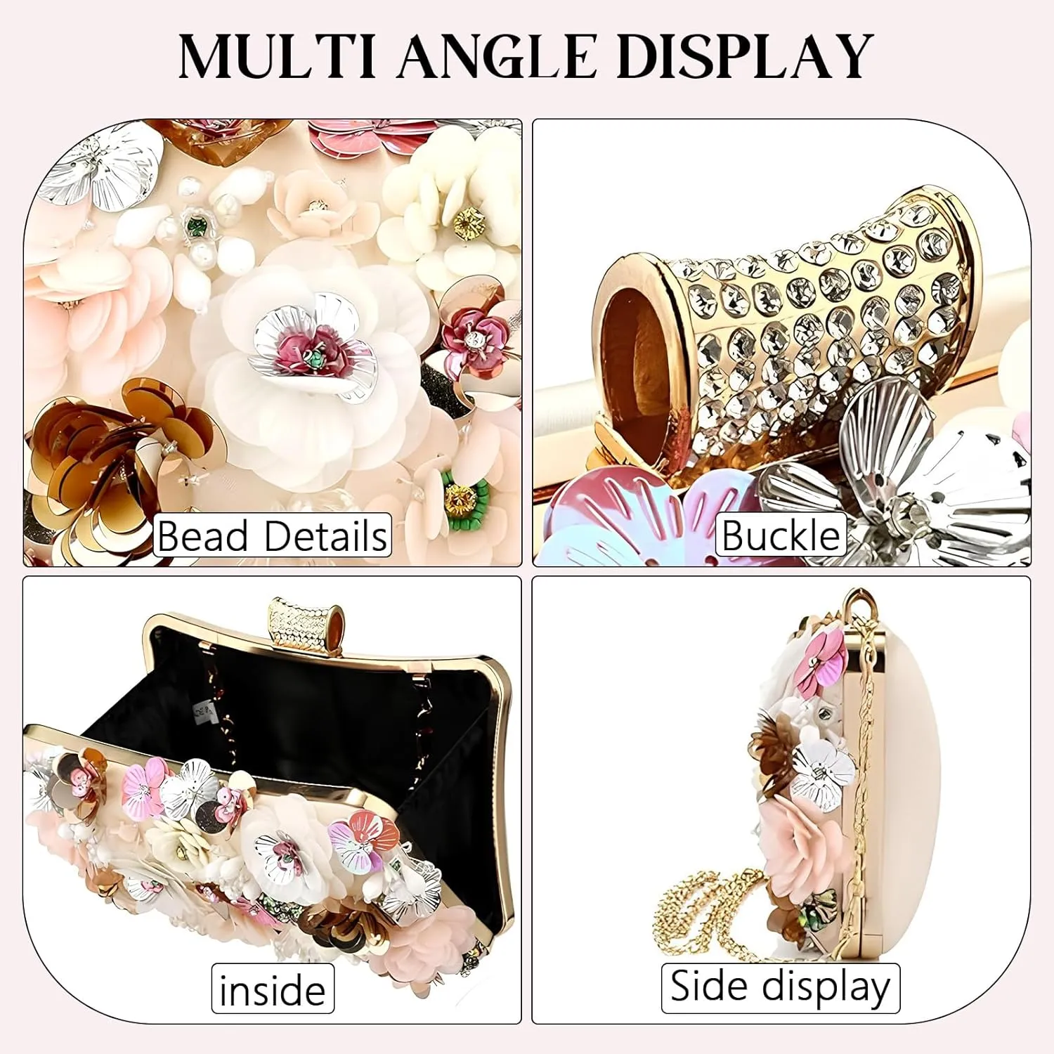 Women's Floral Evening Clutch Bag - Colorful Flower Handbag with Metal Rhinestones
