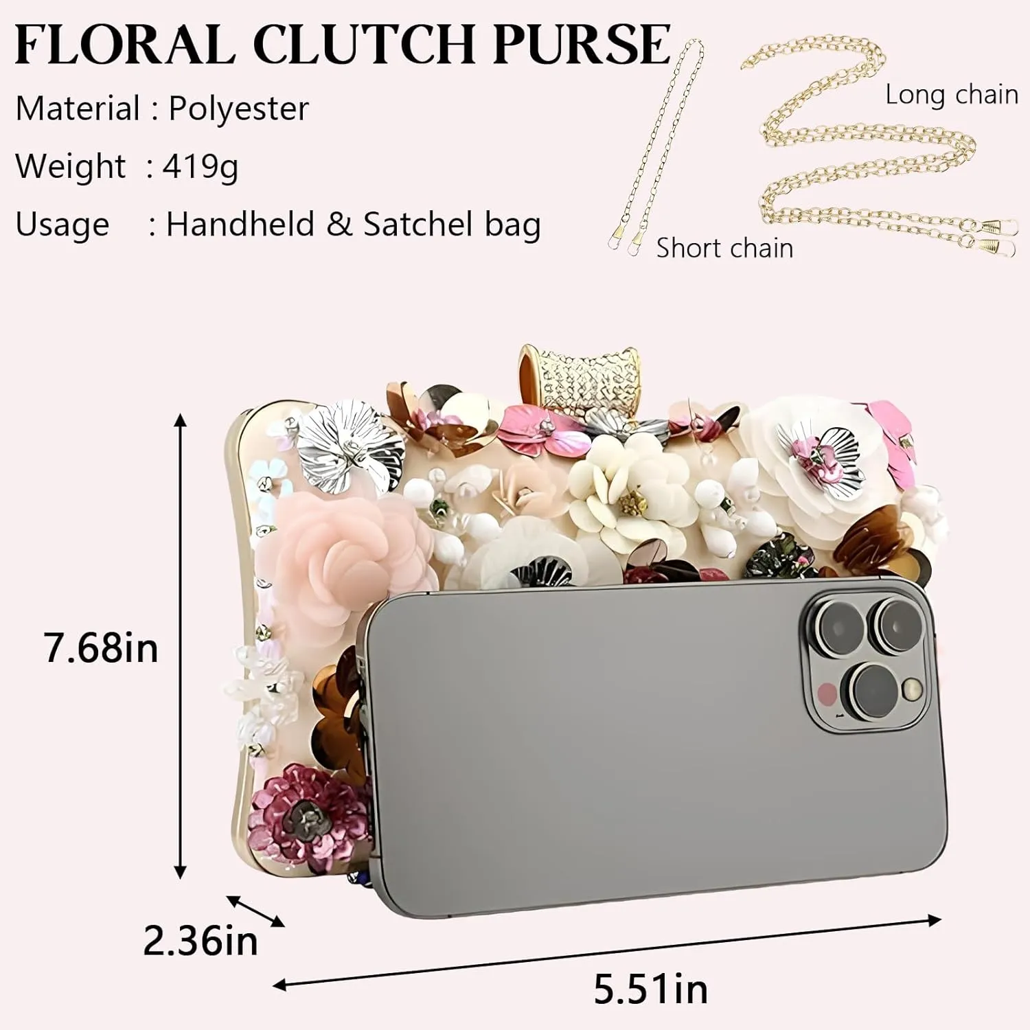 Women's Floral Evening Clutch Bag - Colorful Flower Handbag with Metal Rhinestones