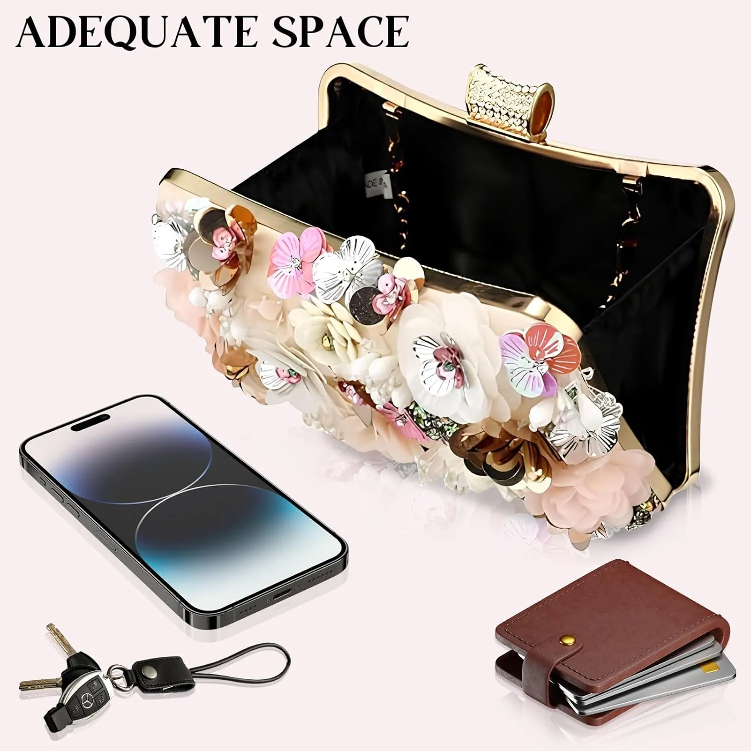 Women's Floral Evening Clutch Bag - Colorful Flower Handbag with Metal Rhinestones