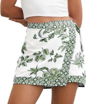 Womens Floral Wrap Mini Skirt Summer Beach Short Skirt Casual Knot Side High Waist A Line Vacation Outfits Skirts
