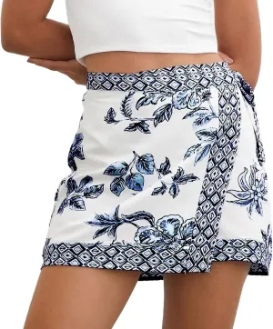 Womens Floral Wrap Mini Skirt Summer Beach Short Skirt Casual Knot Side High Waist A Line Vacation Outfits Skirts