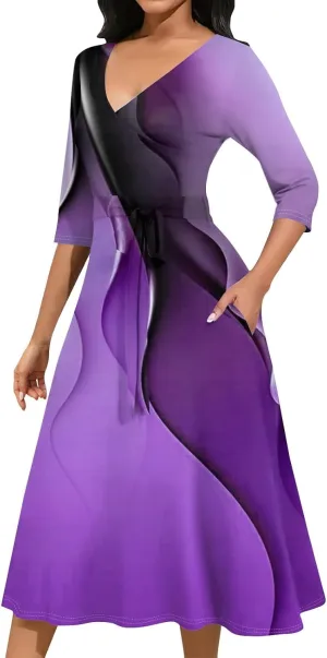 Womens Formal Long Sleeve Midi Dress Trendy Plus Size Sexy V Neck Elegant Smocked Flowy A Line Dresses with Pockets