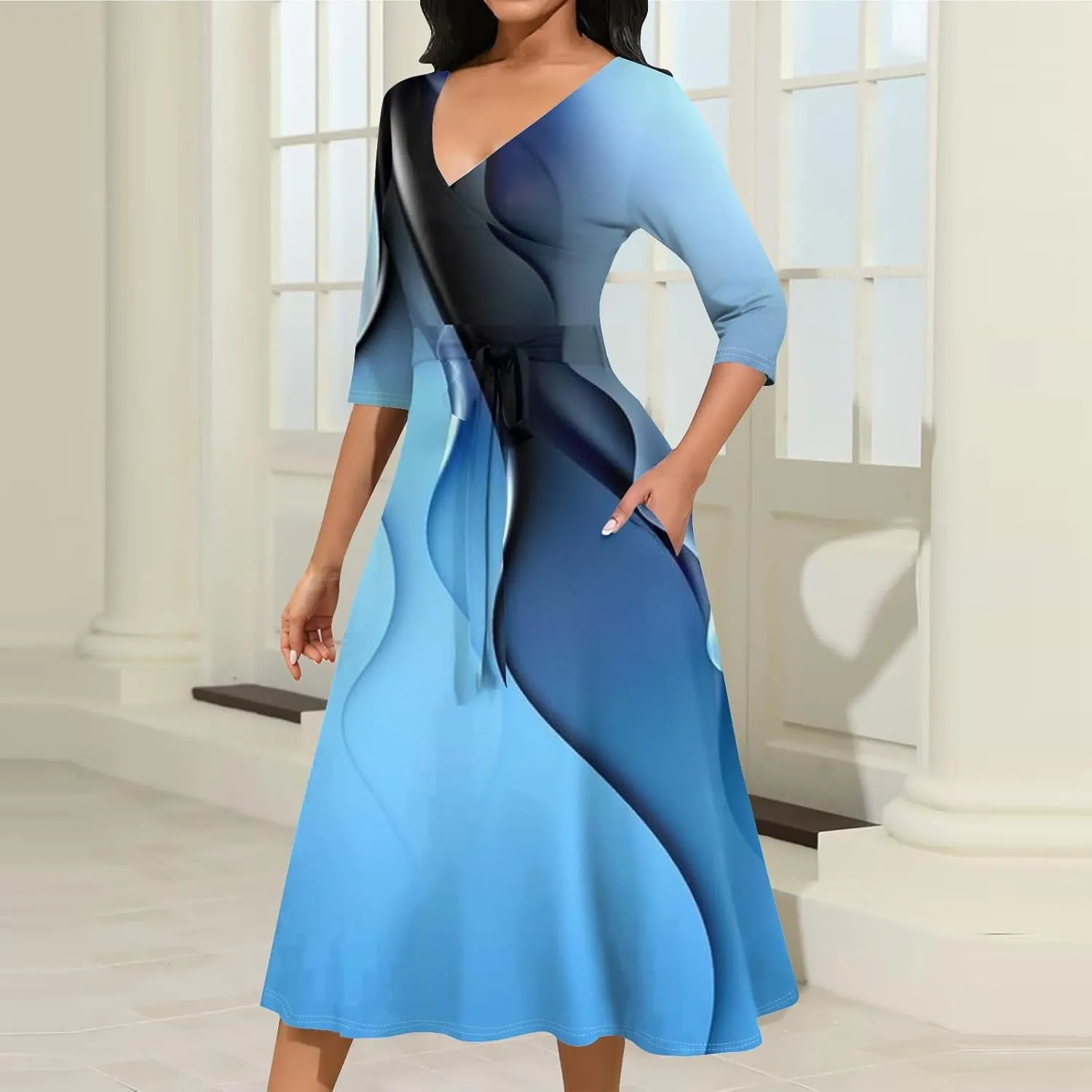 Womens Formal Long Sleeve Midi Dress Trendy Plus Size Sexy V Neck Elegant Smocked Flowy A Line Dresses with Pockets