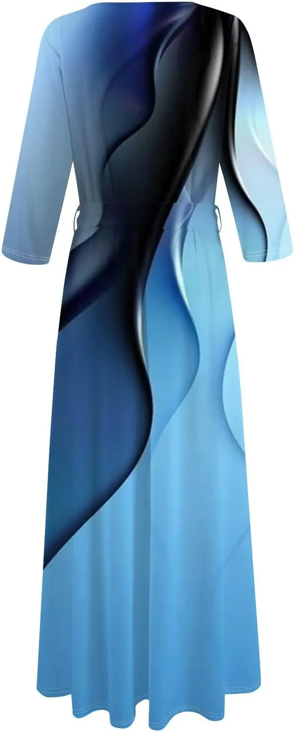 Womens Formal Long Sleeve Midi Dress Trendy Plus Size Sexy V Neck Elegant Smocked Flowy A Line Dresses with Pockets