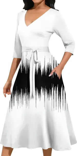 Womens Formal Long Sleeve Midi Dress Trendy Plus Size Sexy V Neck Elegant Smocked Flowy A Line Dresses with Pockets