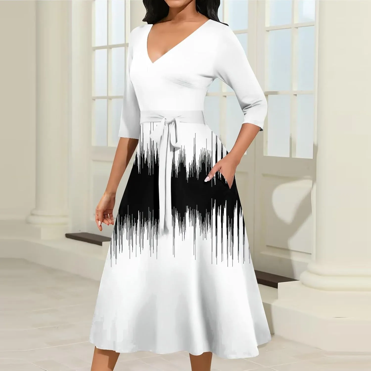 Womens Formal Long Sleeve Midi Dress Trendy Plus Size Sexy V Neck Elegant Smocked Flowy A Line Dresses with Pockets