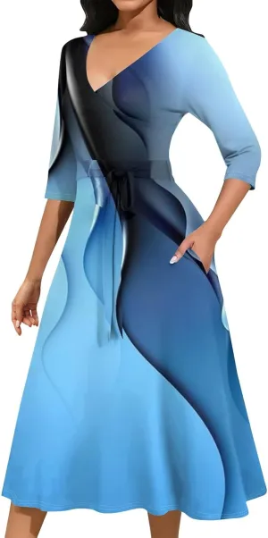 Womens Formal Long Sleeve Midi Dress Trendy Plus Size Sexy V Neck Elegant Smocked Flowy A Line Dresses with Pockets