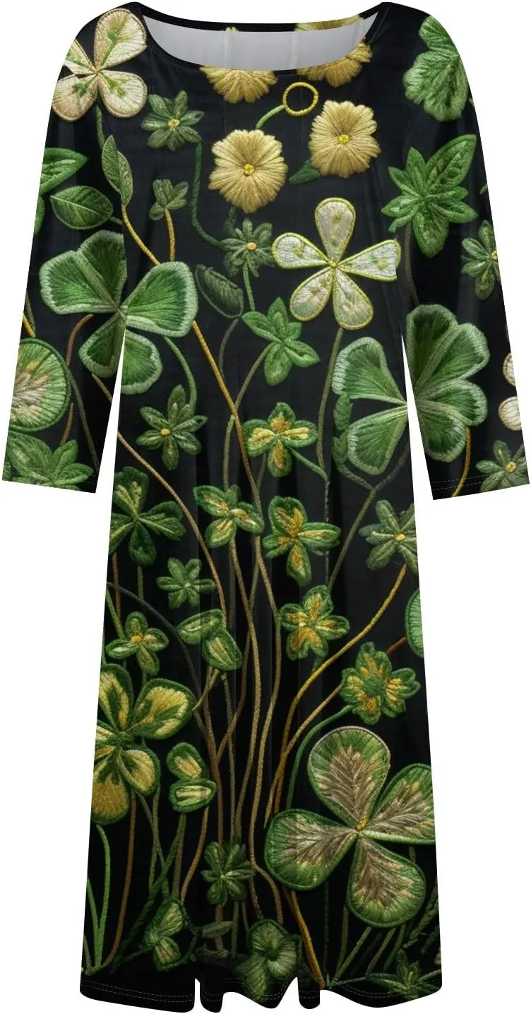 Womens Formal St Patricks Midi Dress,Trendy 3/4 Sleeve Shamrock Elegant Smocked Flowy Casual Plus Size A Line Dress